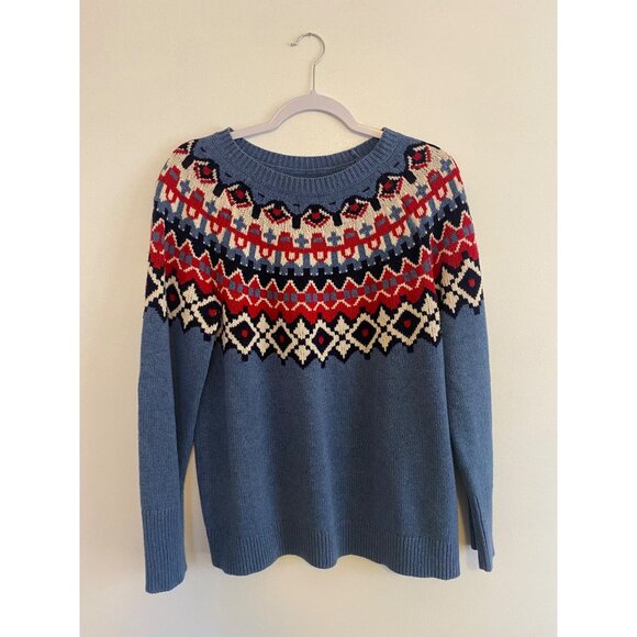 Chaps Women’s Blue Fair Isle Knit Crewneck Pullover Sweater Size M - Picture 1 of 5
